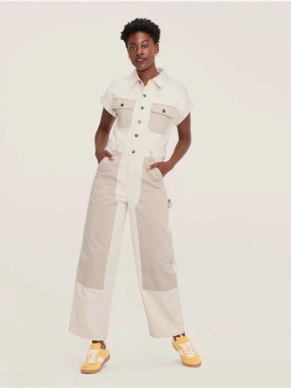 Neutral Colorblock Utility Jumpsuit in Cream and Tan